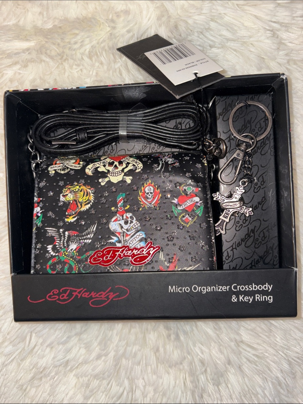 Ed Hardy Black Crossbody Micro Organizer with Multicolor Tattoo Motifs